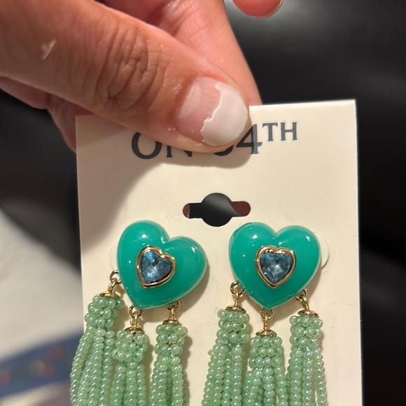 Green Heart Tassel Earrings with Beaded Strands - Picture 3 of 3